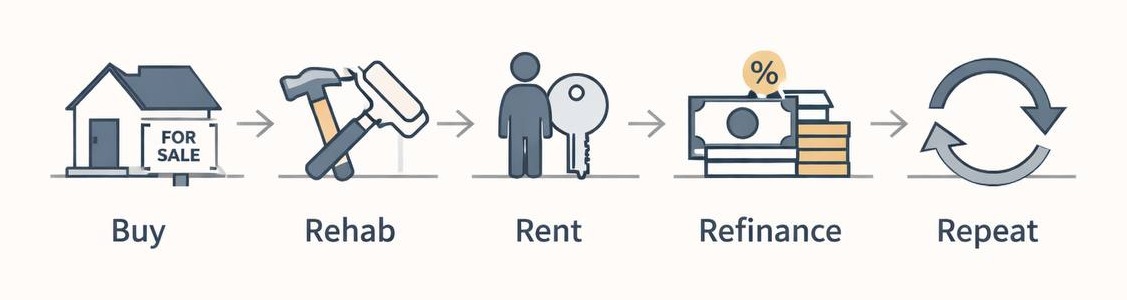 BRRRR process diagram showing Buy, Rehab, Rent, Refinance, Repeat