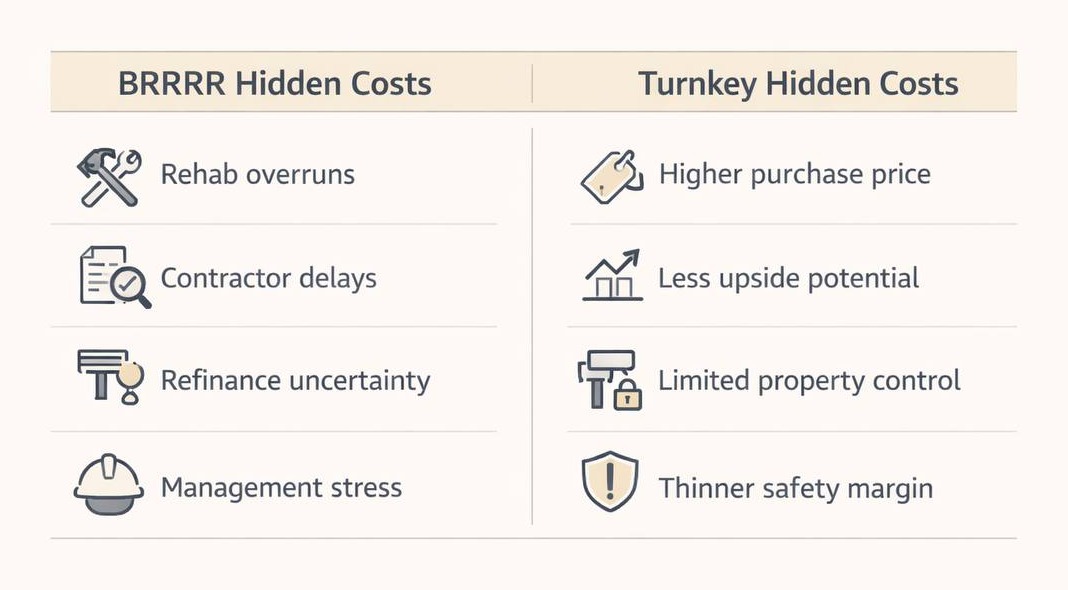 Hidden costs comparison chart for BRRRR and turnkey rental strategies