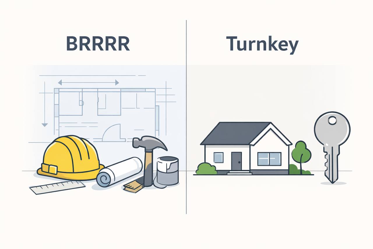Illustration comparing BRRRR renovation work with turnkey rental property ownership