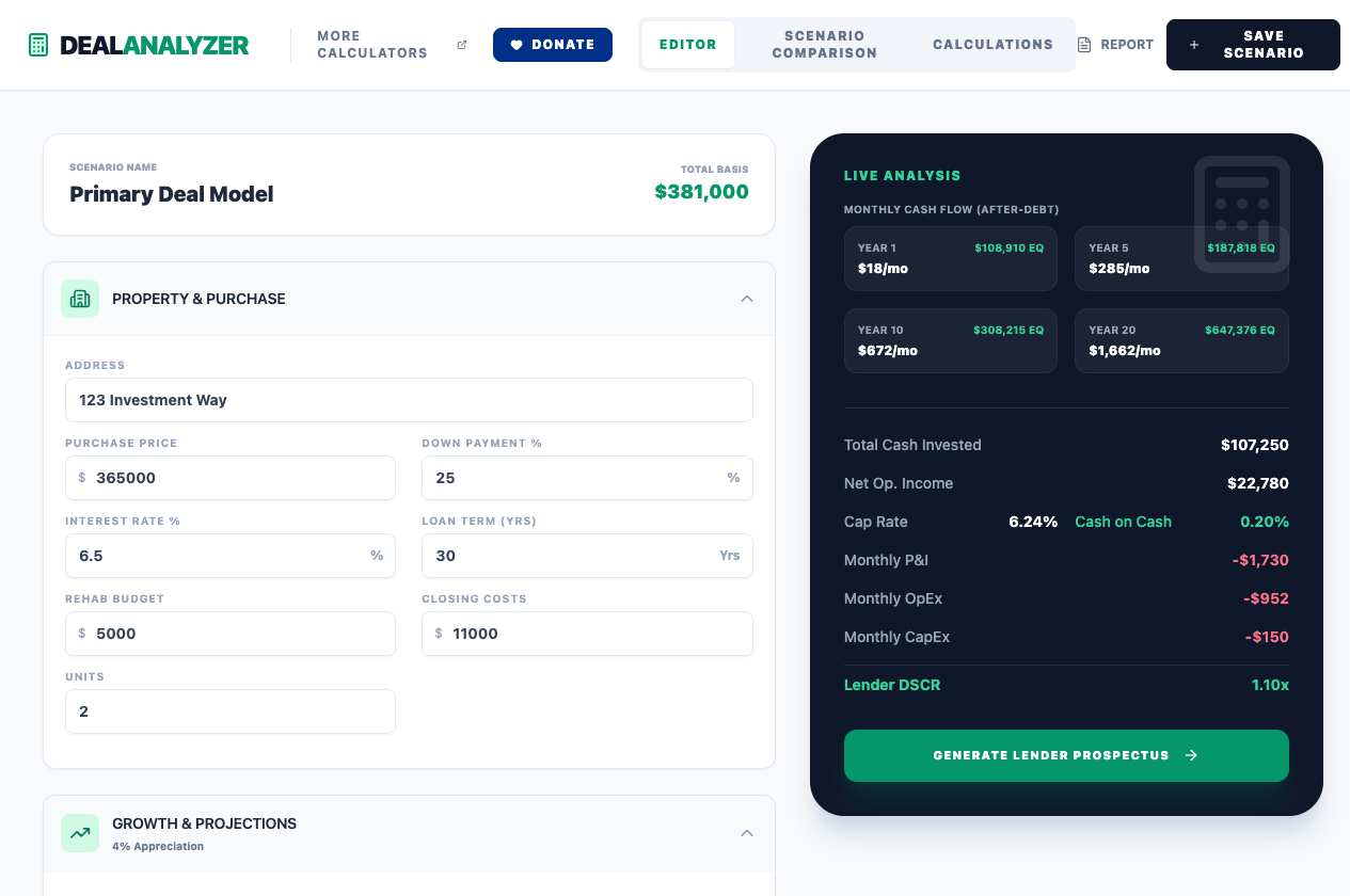 Deal Analyzer app interface showing property inputs and live real estate investment analysis metrics