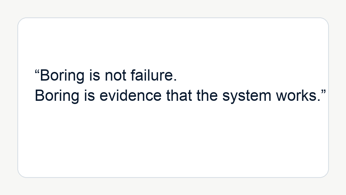 Quote graphic: Boring is not failure. Boring is evidence that the system works.
