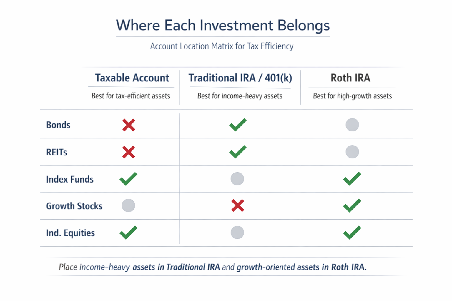 Matrix showing simplified account-location ideas for taxable, traditional retirement, and Roth accounts.