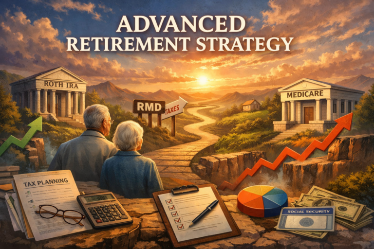 Illustration of an advanced retirement strategy landscape with Roth, RMD, tax, Medicare, and Social Security planning elements.