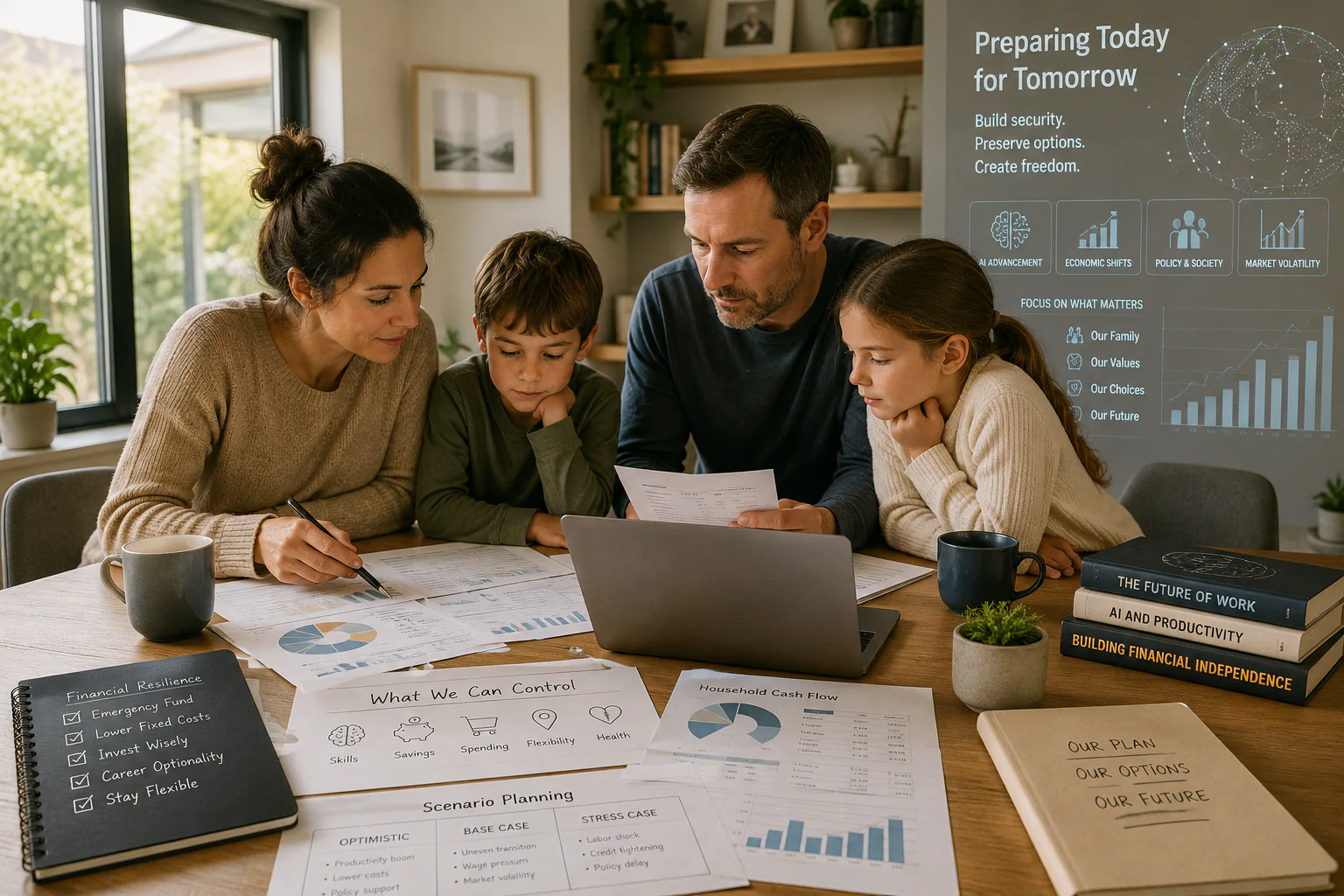 Family reviewing its financial plan while preparing for AI-driven economic change