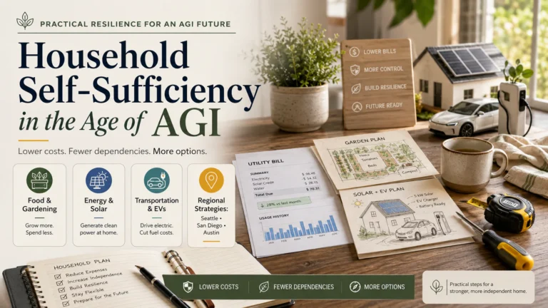 Household self-sufficiency planning materials showing food, solar energy, electric transportation, regional strategy, and lower-cost household systems