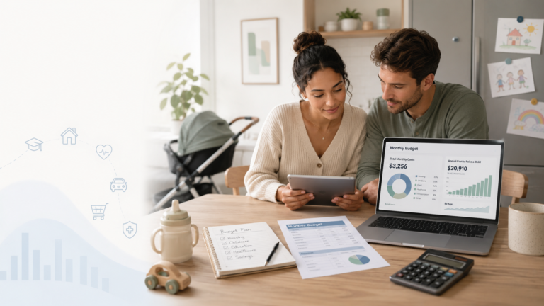 Parents reviewing a family budget and the long-term costs of raising a child.