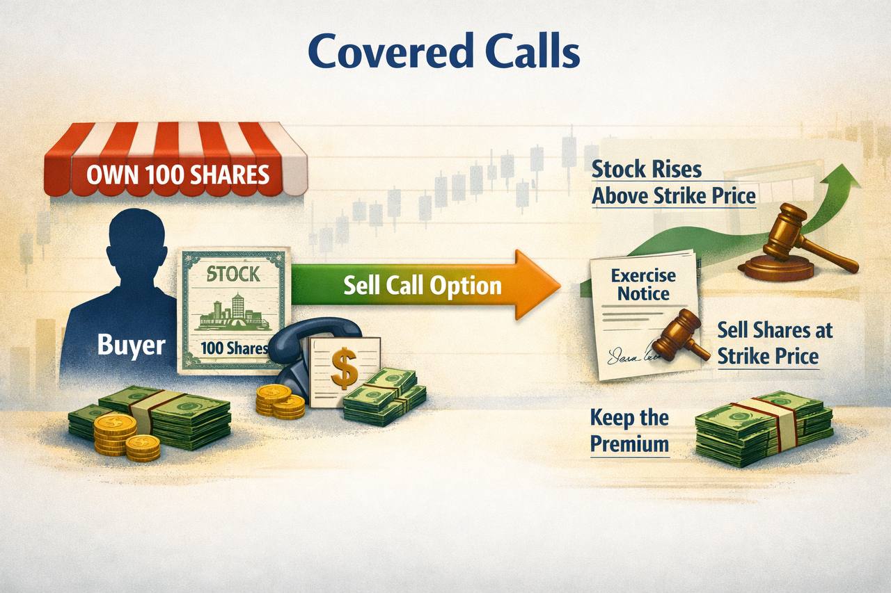 Covered calls infographic showing an investor who owns 100 shares, sells a call option, keeps premium, and may sell shares at the strike price if assigned.