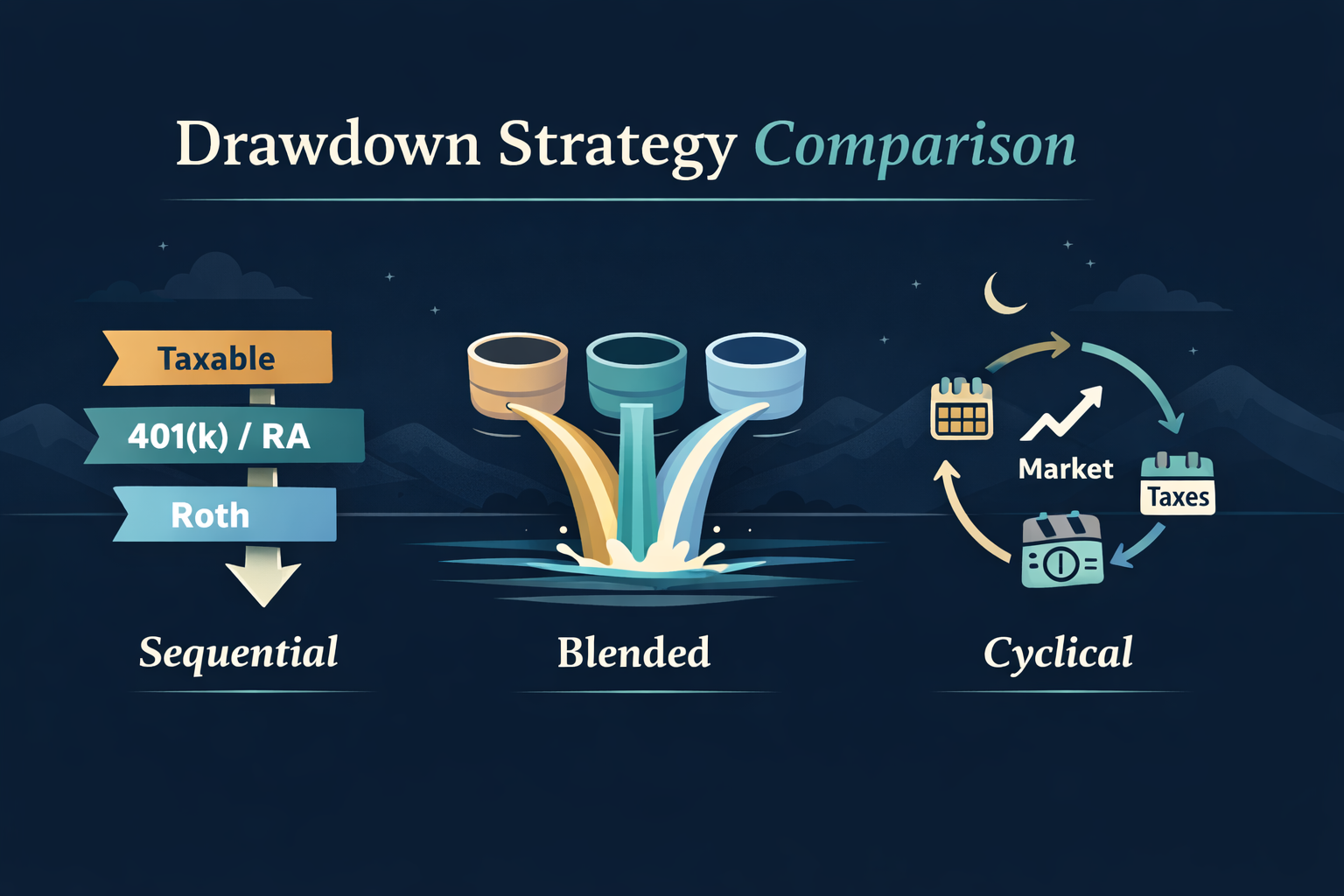 Hero illustration comparing sequential, blended, and cyclical retirement drawdown strategies.