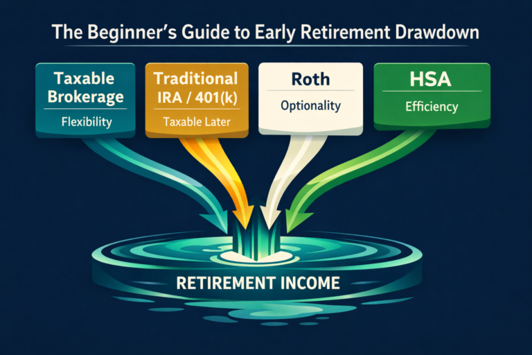 Illustration of early retirement account buckets flowing into a retirement income stream.