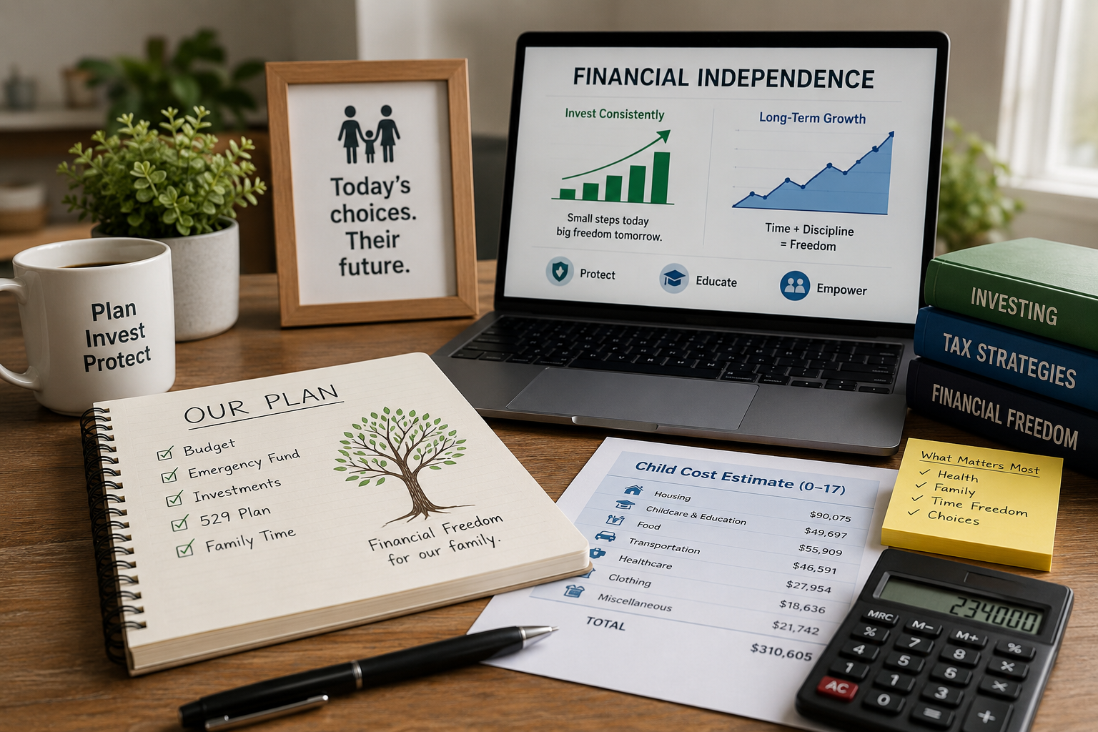 Family financial independence plan combining child costs, savings, protection, and long-term investing.