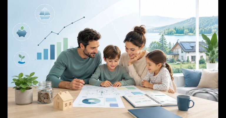 Family reviewing financial planning papers together around a table, representing financial independence with children as a family design project.