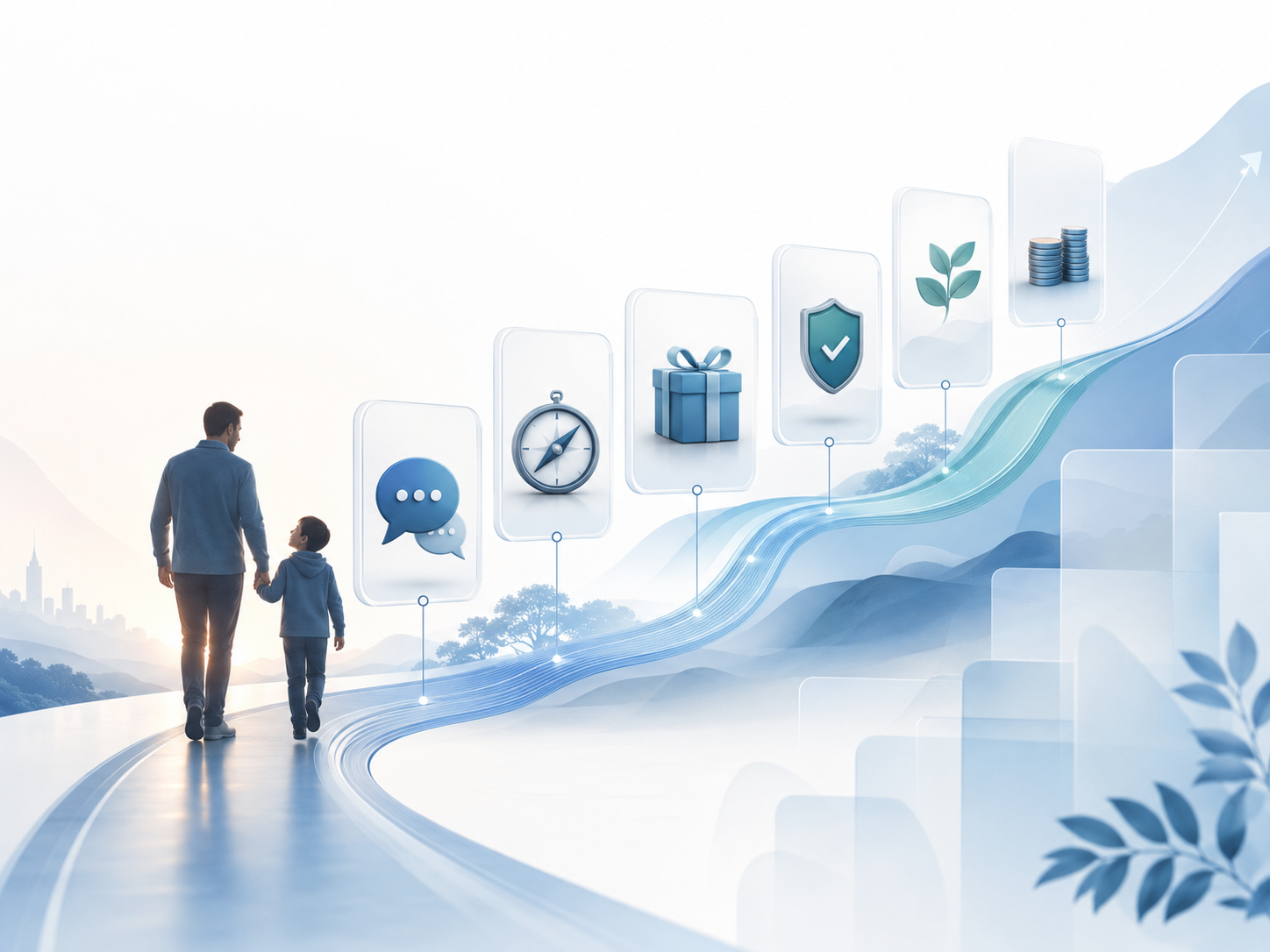 Parent and child walking along a rising path with icons for habits, protection, generosity, savings, and long-term guidance.