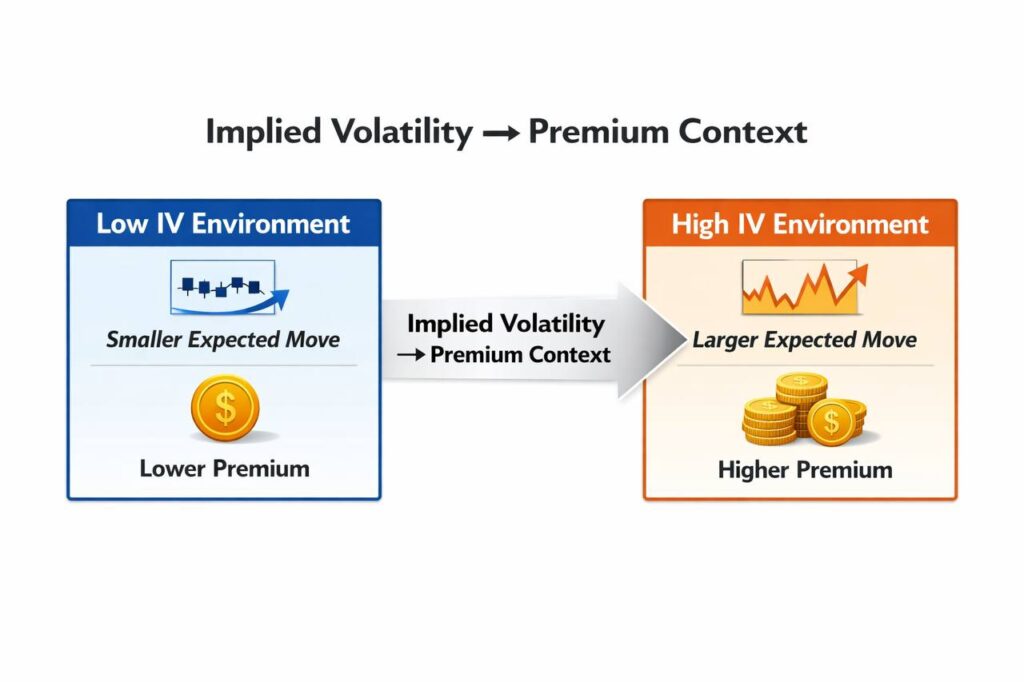 Low versus high implied volatility comparison showing premium context