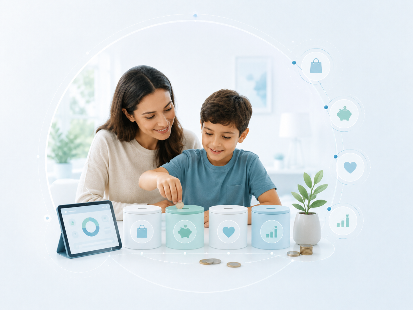 Parent and child using savings jars and a financial dashboard to practice simple money habits together.