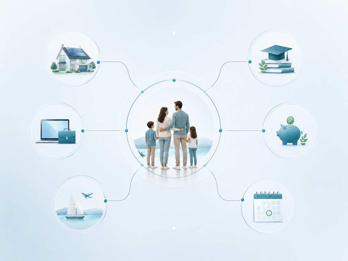 Family standing at the center of connected options for housing, education, savings, time, travel, and work flexibility.