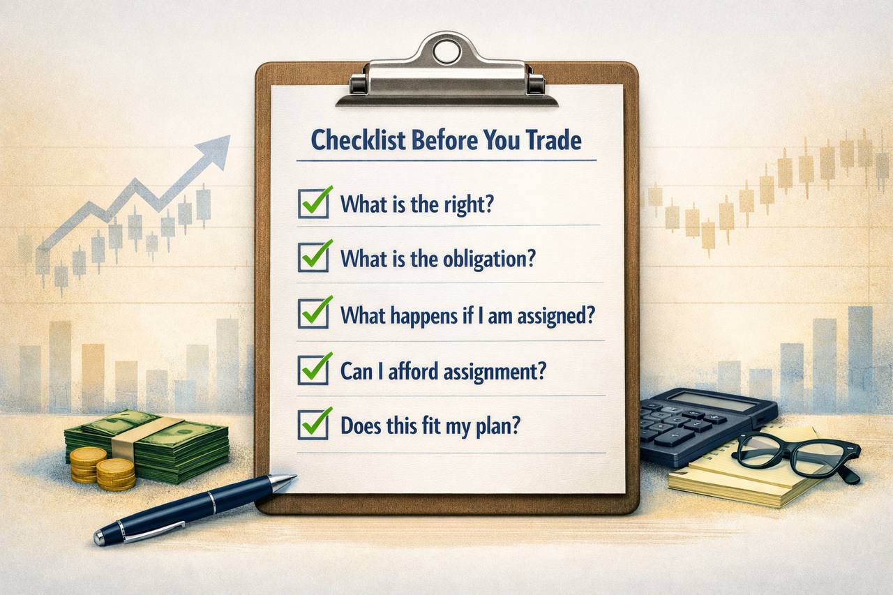 Checklist before trading options with questions about rights, obligations, assignment, affordability, and fit with the investor plan.