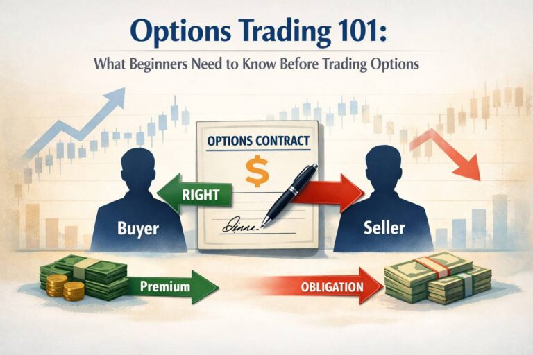Options Trading 101 infographic showing the buyer receiving a right, the seller taking on an obligation, and premium flowing through an options contract.
