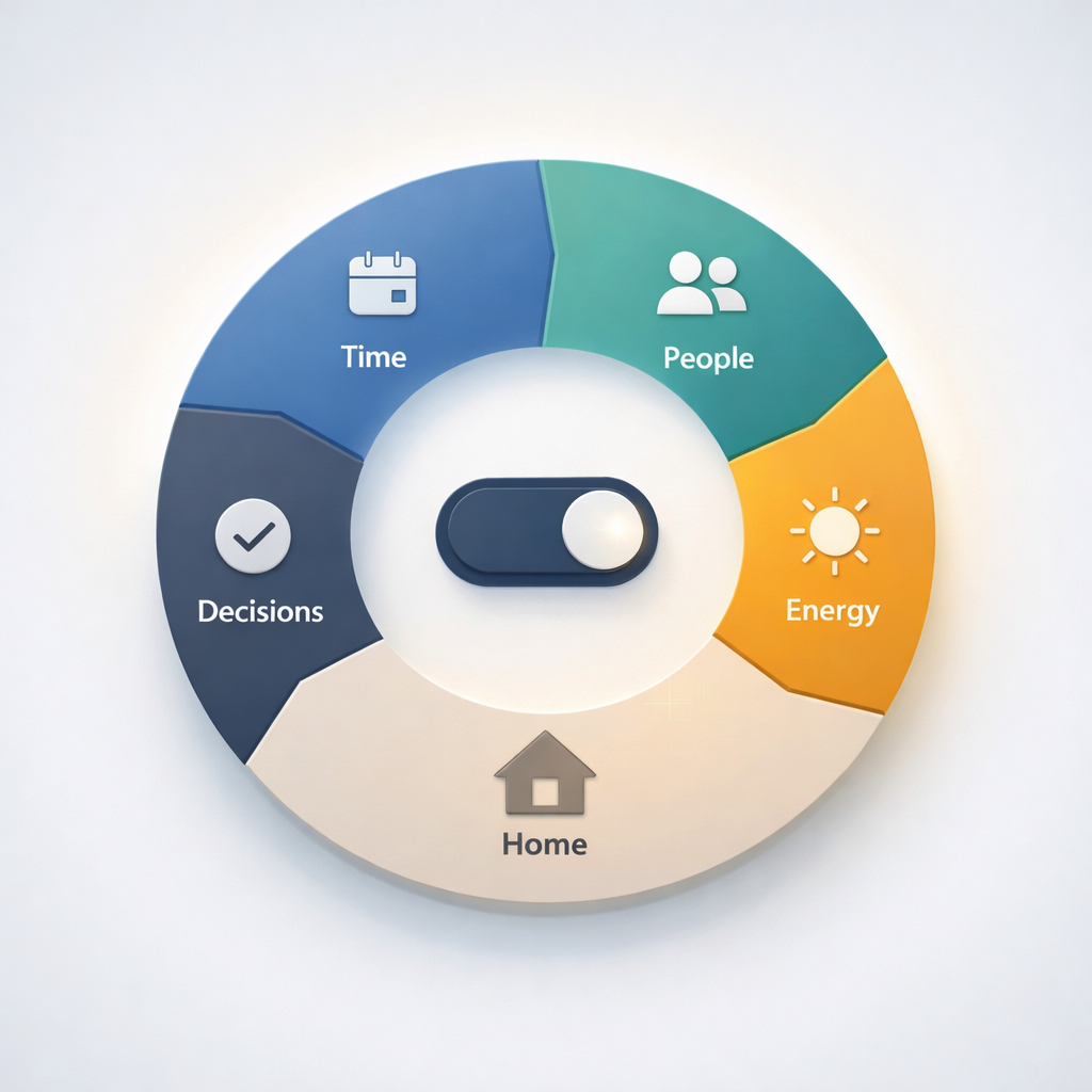 Circular personal operating system graphic showing time, people, energy, home, and decisions as life-management loops.