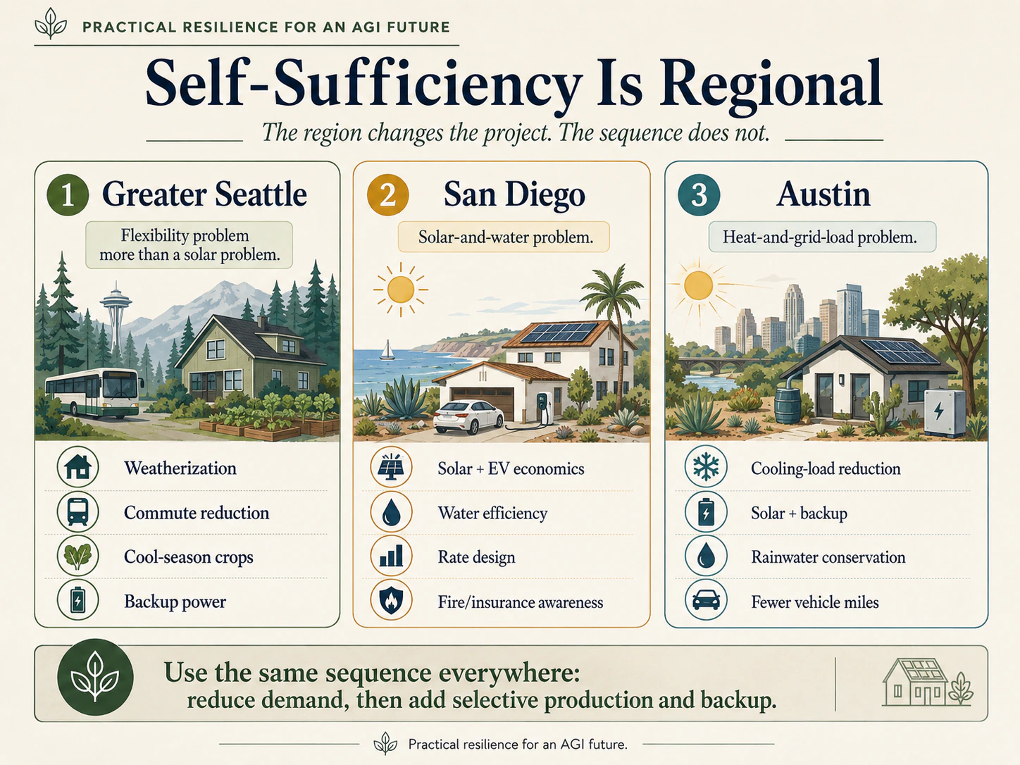 Regional resilience comparison for Greater Seattle, San Diego, and Austin covering weatherization, solar, water, transportation, and backup power