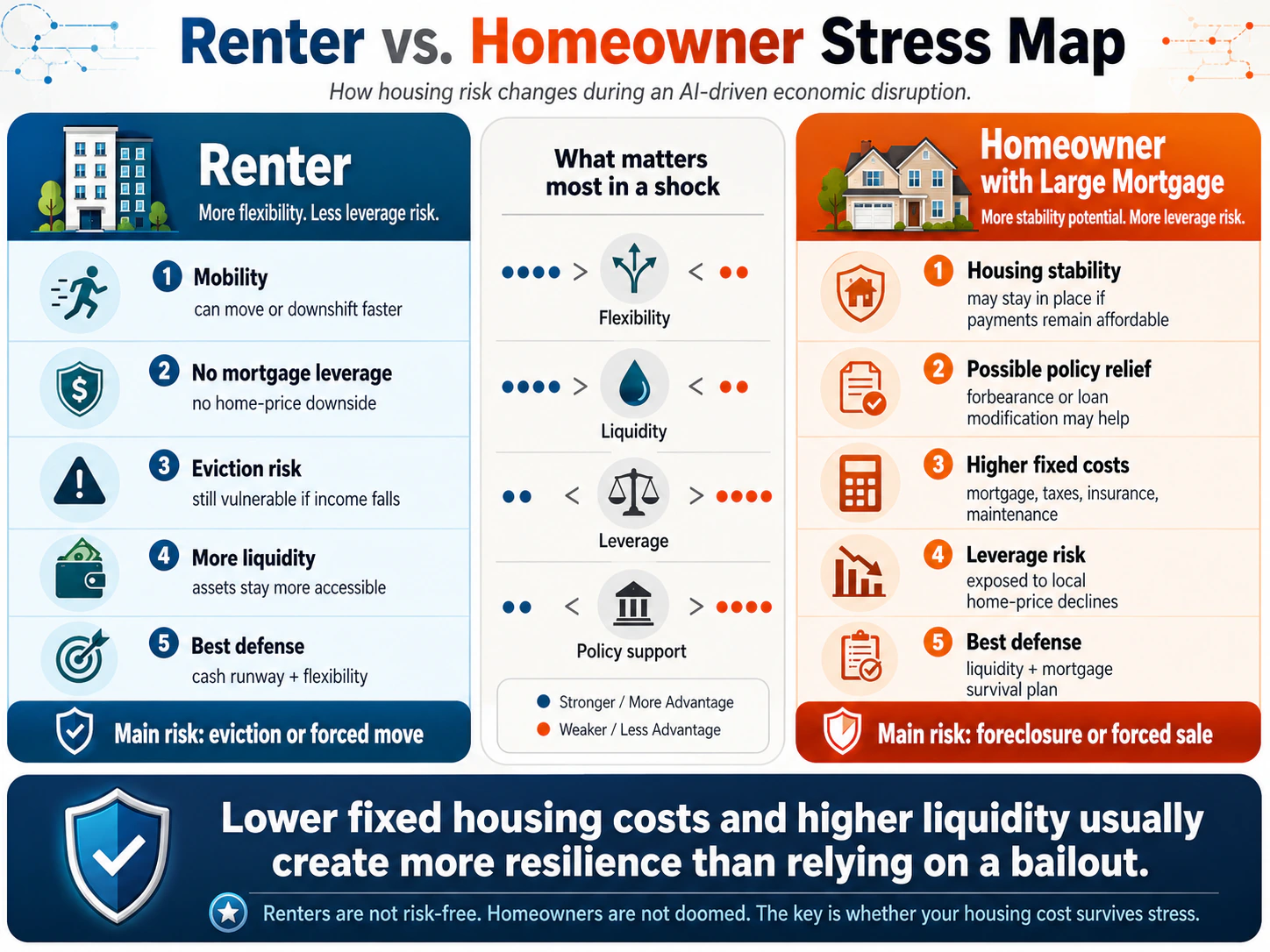 Renter versus homeowner stress map comparing flexibility, liquidity, leverage, and policy support during AI-driven economic disruption