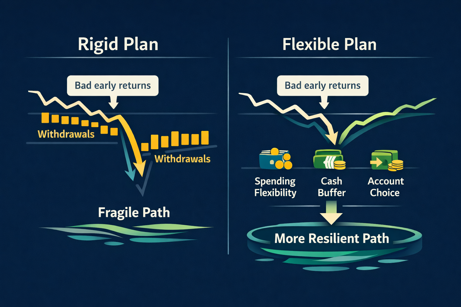 Diagram comparing a rigid retirement withdrawal plan with a flexible plan during an early market decline.