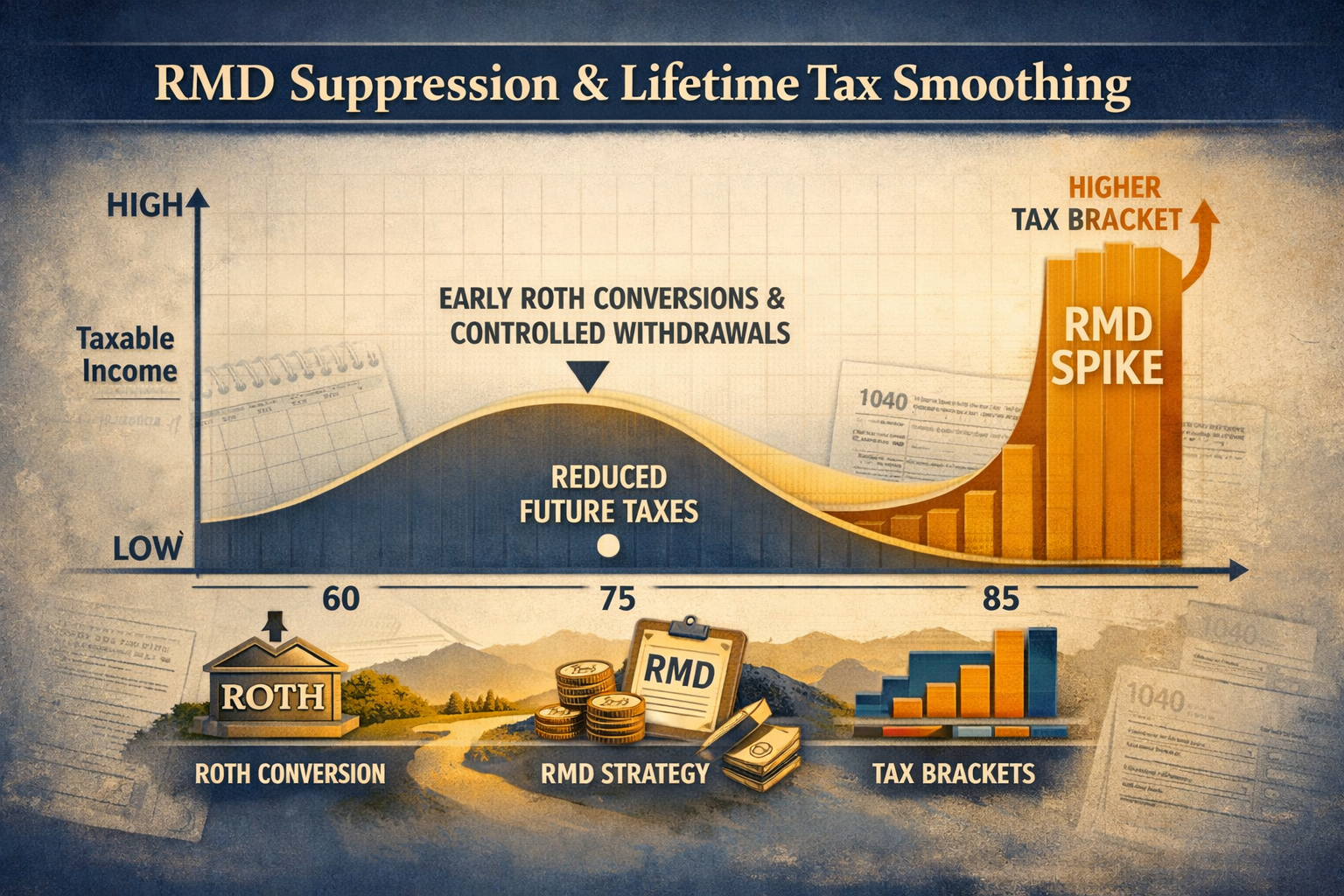 Diagram showing how early Roth conversions and controlled withdrawals may reduce future RMD-driven tax spikes.