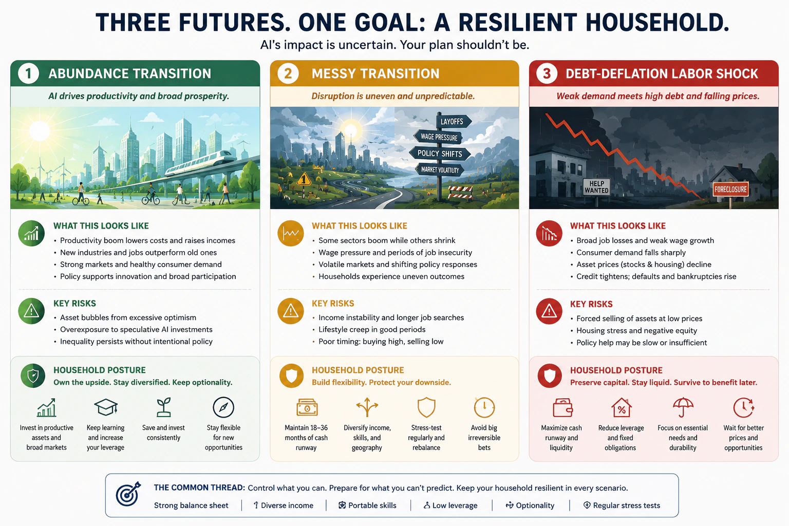 Comparison of abundance, messy transition, and debt-deflation labor shock scenarios with household resilience actions