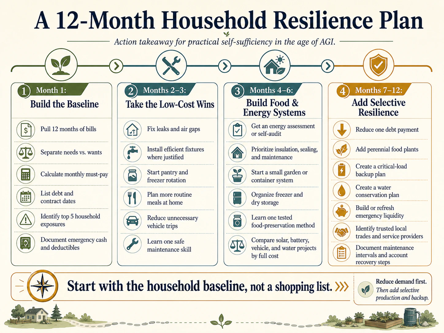 Twelve-month household resilience plan covering baseline costs, low-cost wins, food and energy systems, and selective resilience projects