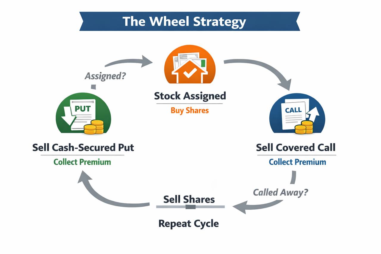 Wheel strategy infographic showing the cycle from selling a cash-secured put, to possible stock assignment, to selling a covered call, then called-away shares and repeat cycle.