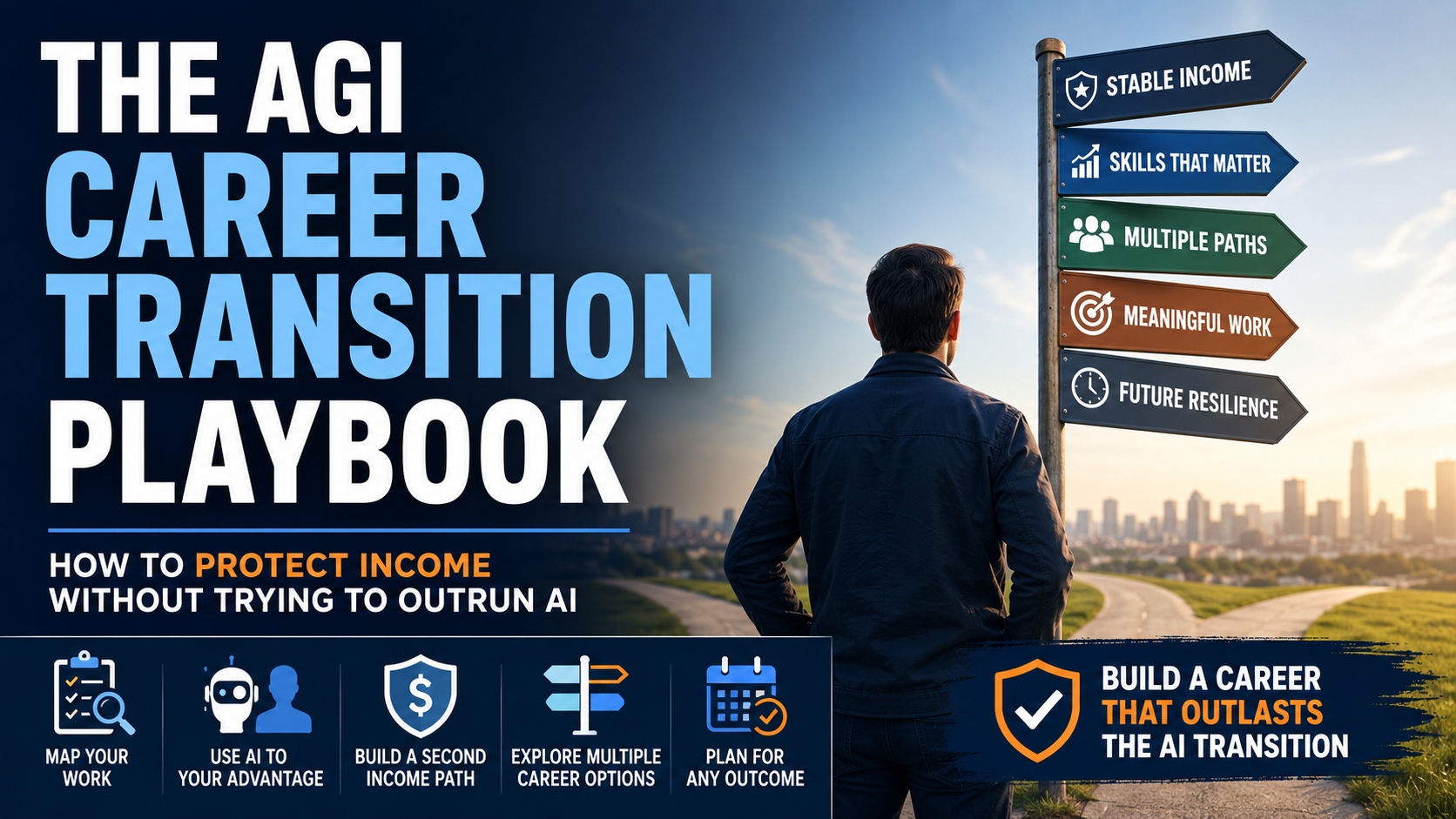 Career transition planning dashboard showing AI disruption, task exposure, income resilience, and professional repositioning.