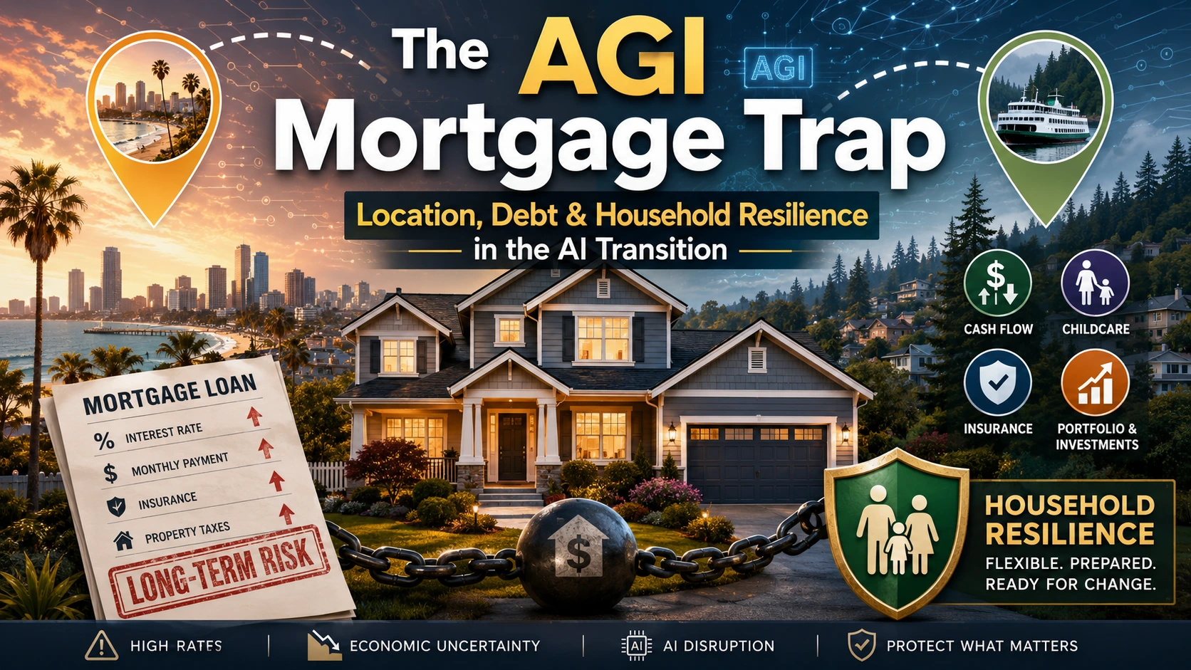 A home caught between high mortgage costs, AI disruption, regional choices, and household financial resilience.