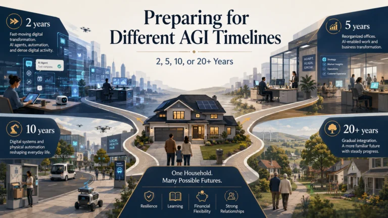 A household faces four possible AGI timelines spanning 2, 5, 10, and 20-plus years.