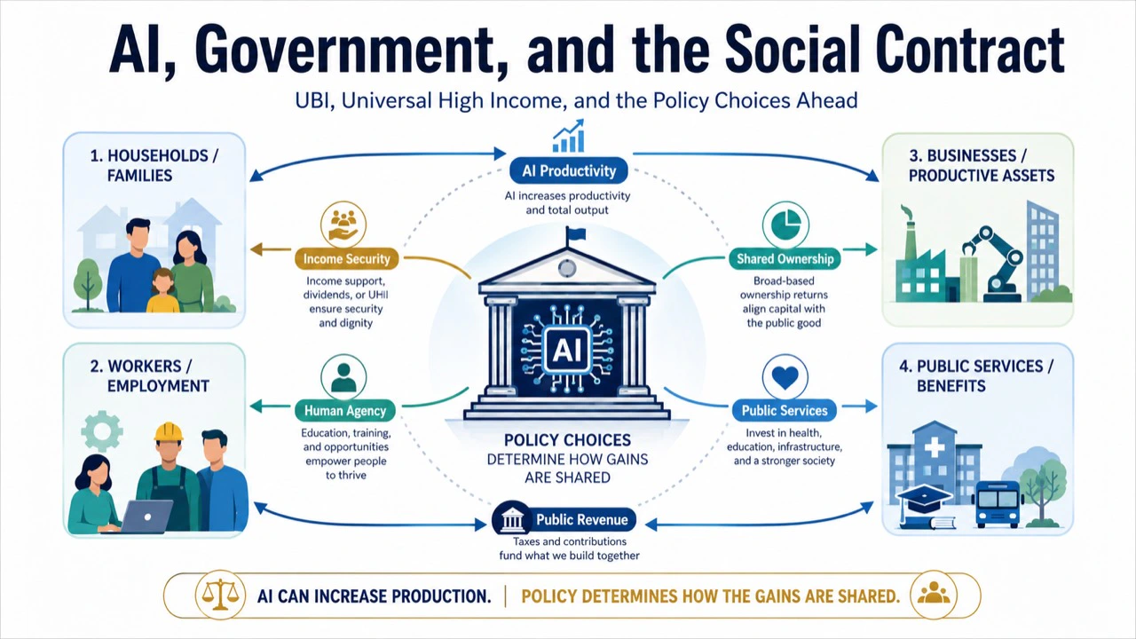 Diagram connecting AI productivity with households, workers, businesses, public services, income security, ownership, and policy choices.