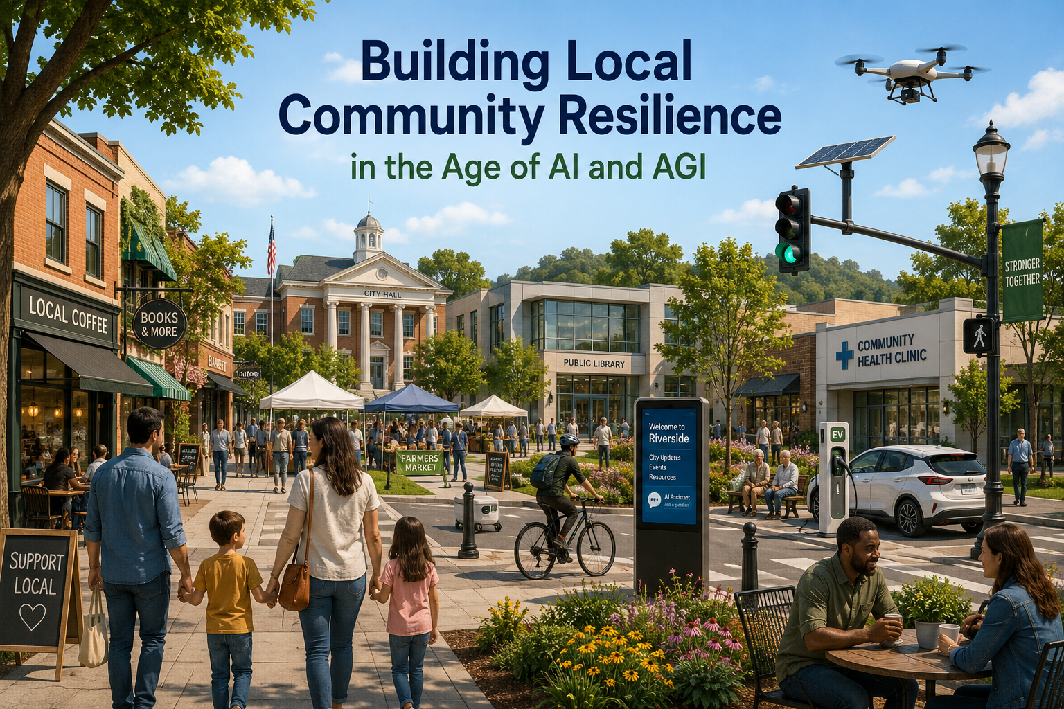 Vibrant local community with families, small businesses, schools, library, healthcare, and subtle AI-enabled civic technology.