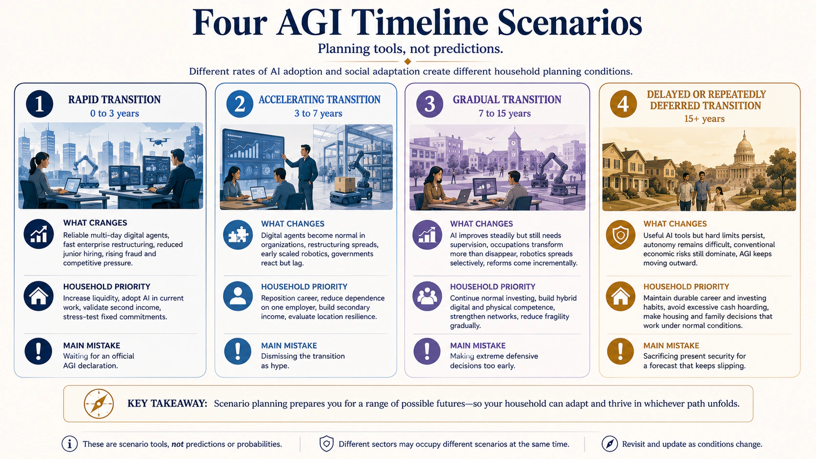 Four AGI timeline scenarios covering rapid, accelerating, gradual, and delayed transitions.