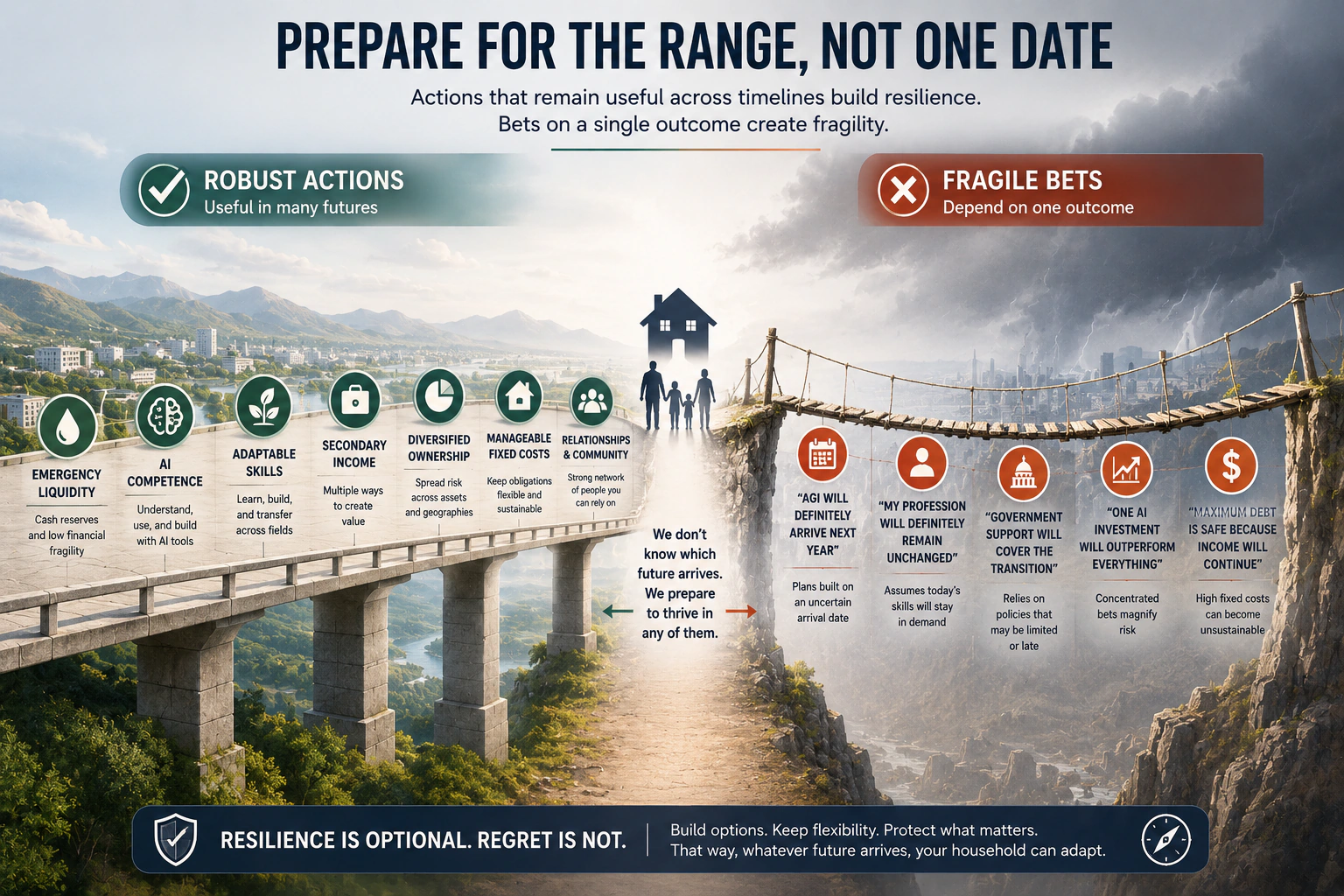 Robust household actions compared with fragile bets based on one AGI timeline.