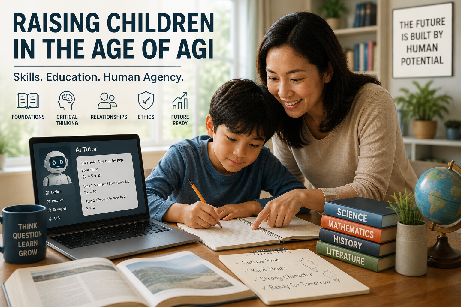 Parent and child learning together with AI as a supporting tool for education, judgment, and human agency.