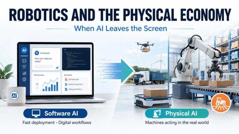 Split image showing software AI on a computer and robotics operating in warehouses, construction, agriculture, and manufacturing.