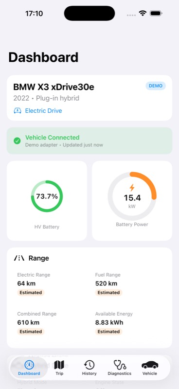 Bimmer Companion simulator dashboard showing an electric vehicle demo state