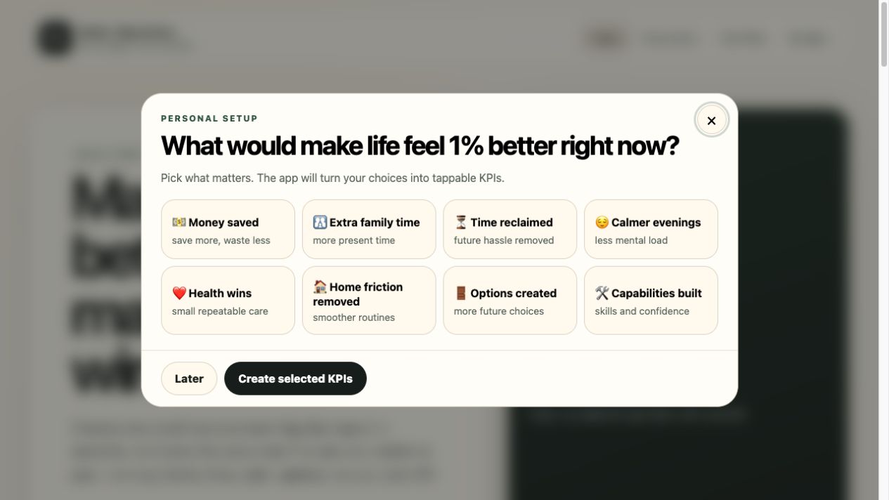 1% Better setup screen showing priorities converted into tappable KPIs