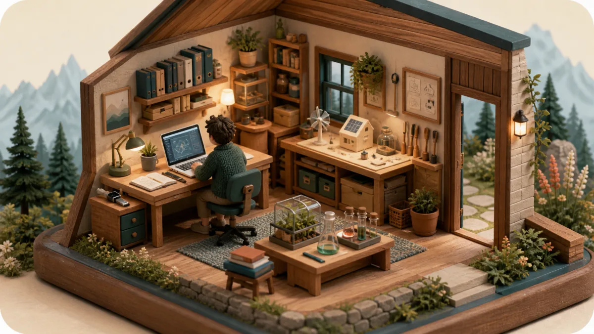 Isometric cutaway of a personal workshop with a person working at a desk, tools, notebook, and a small Pacific Northwest garden