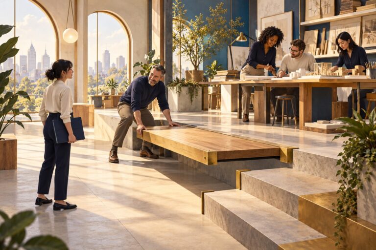 An early-career professional waits beside a raised collaborative workspace while an experienced colleague installs a wooden bridge to the platform.