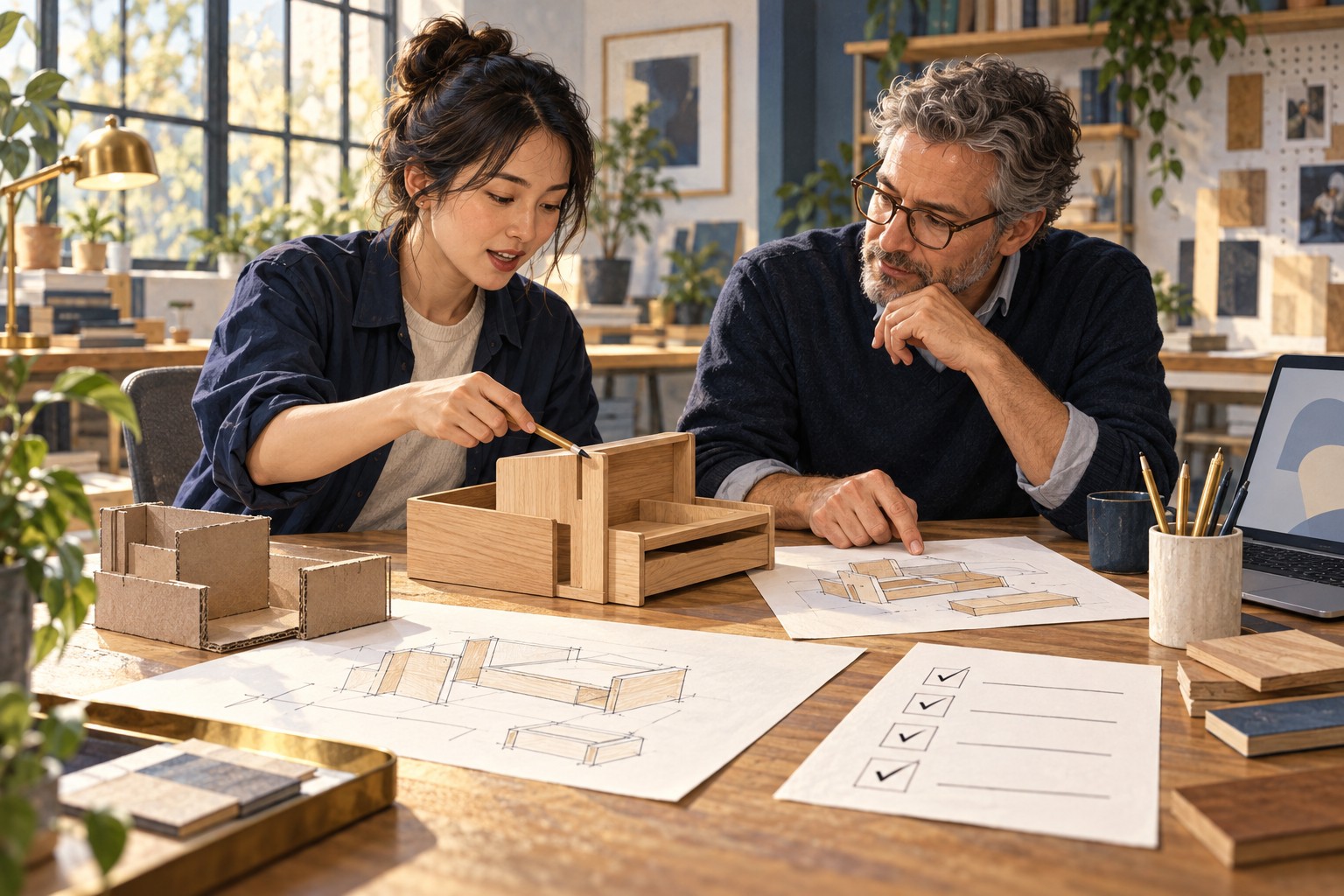 Early-career designer discussing a prototype with a mentor, with sketches and successive physical models showing the development process.