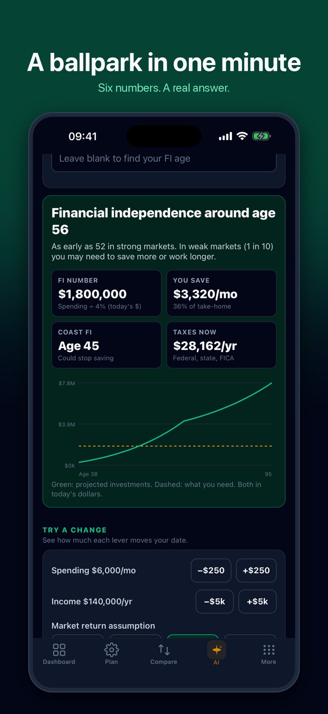 FI Architect iOS Quick Estimate screen giving a ballpark FI age