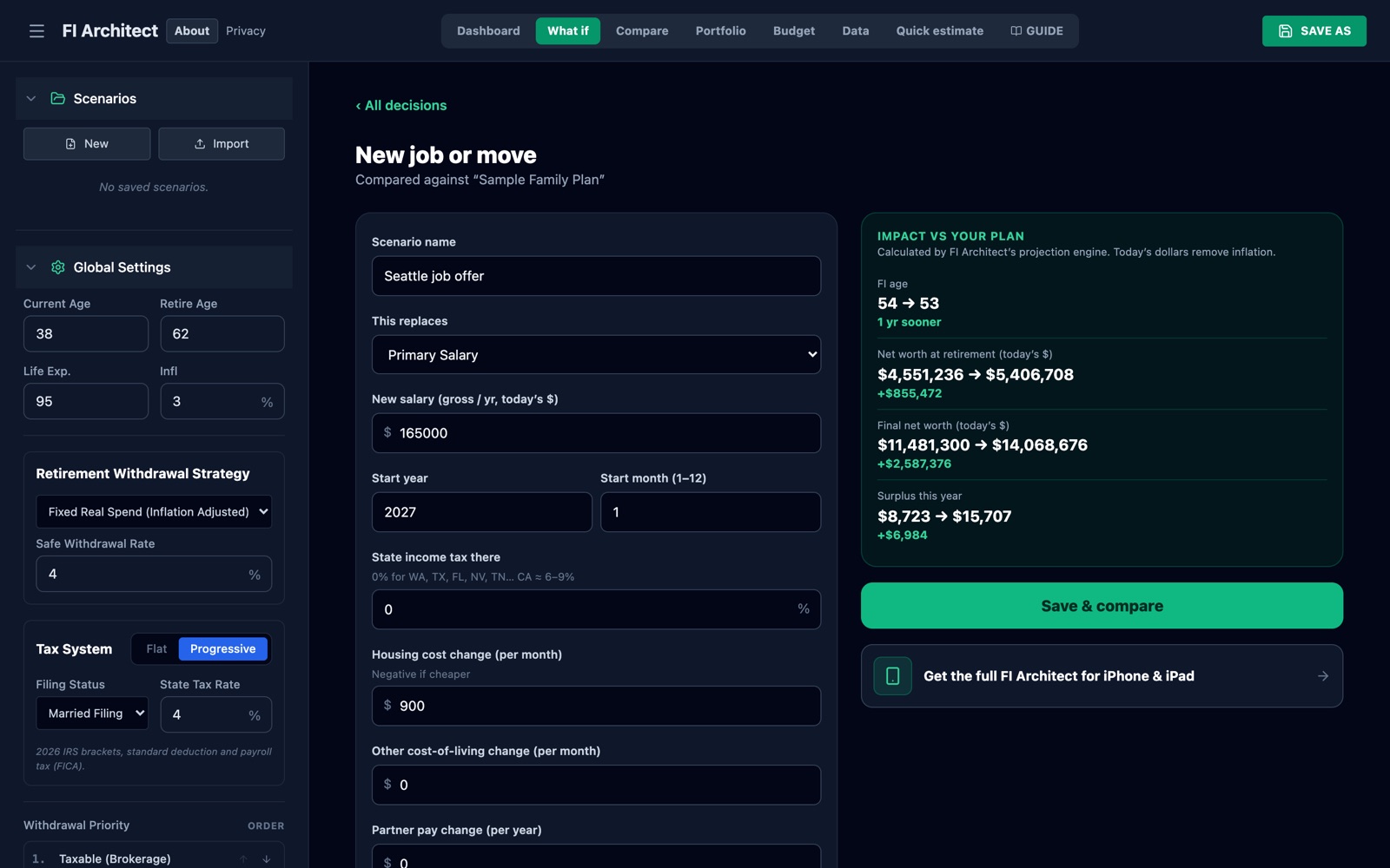 FI Architect web app What if view comparing a new job offer against the current plan