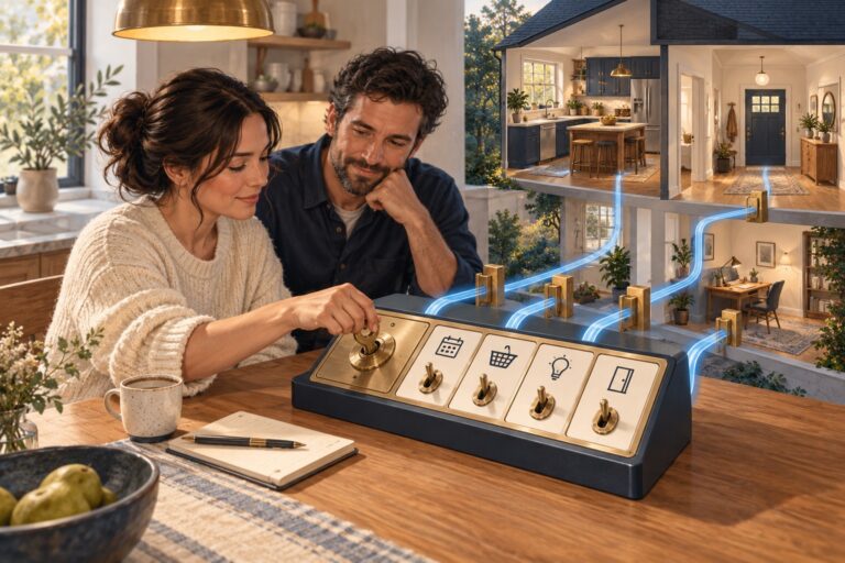 Two adults use separate key-operated controls for a household calendar, shopping, lighting, and door access, with connections leading into a cutaway home.