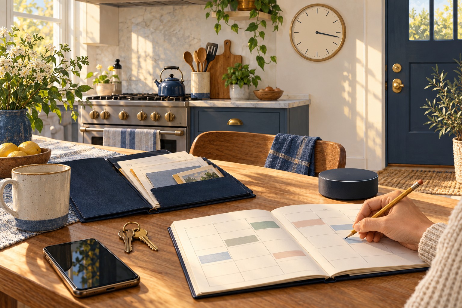 Kitchen table with a paper schedule, physical keys, home information folder, and a phone beside appliances with manual controls.